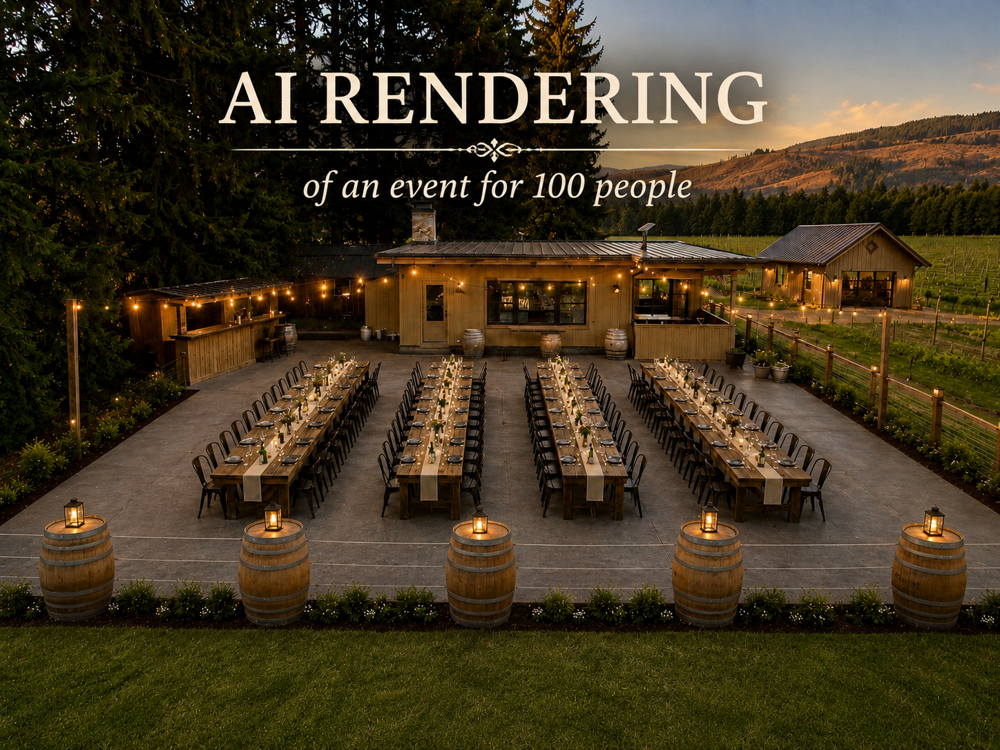 Rendering of long dinner tables on the tavern patio at dusk