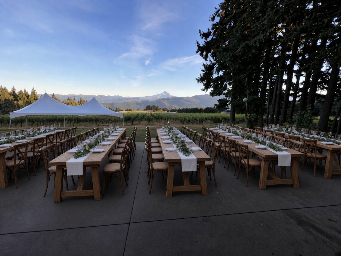 Wood farm tables with a runner and greenery on the terrace, Mt. Hood beyond