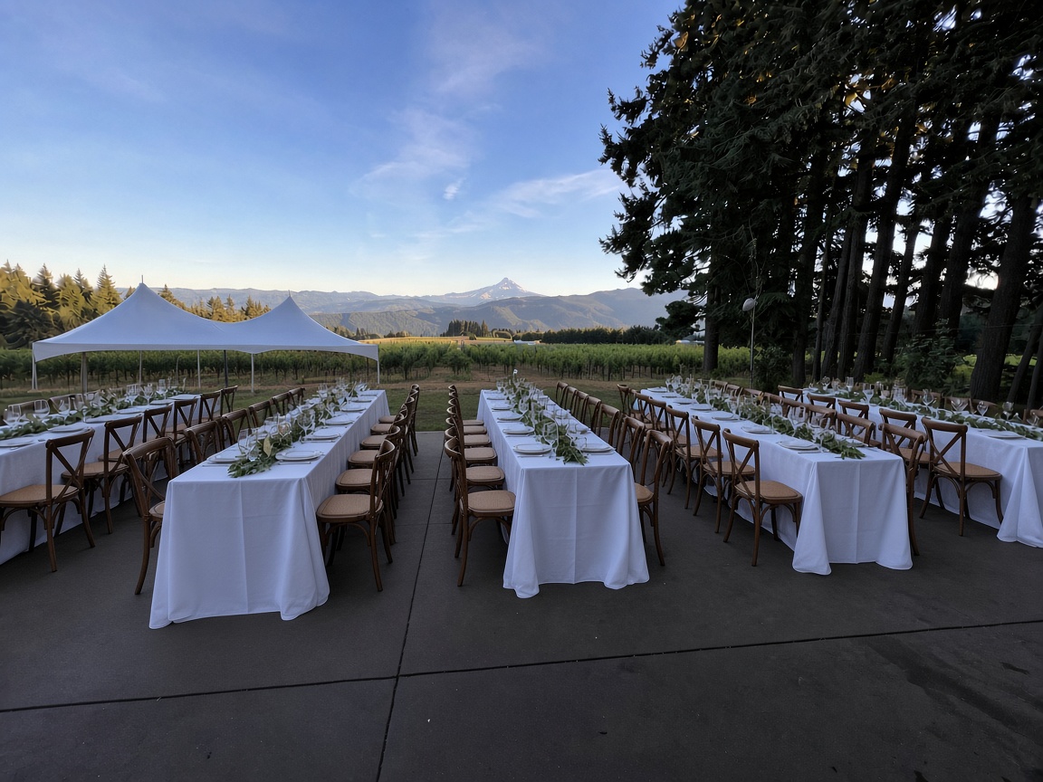 Linen-dressed tables with walnut cross-back chairs on the terrace, Mt. Hood beyond