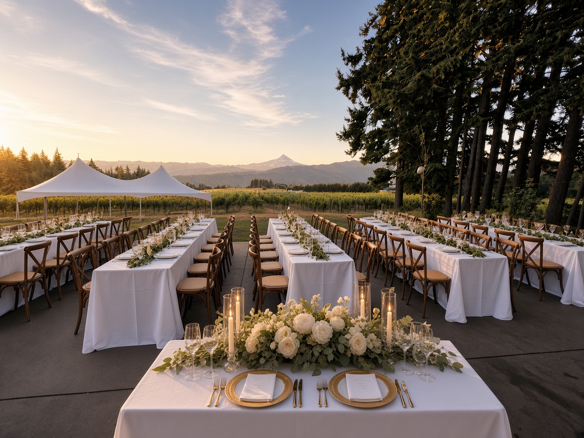 A wedding reception on the terrace with white linens, roses and candles, Mt. Hood beyond