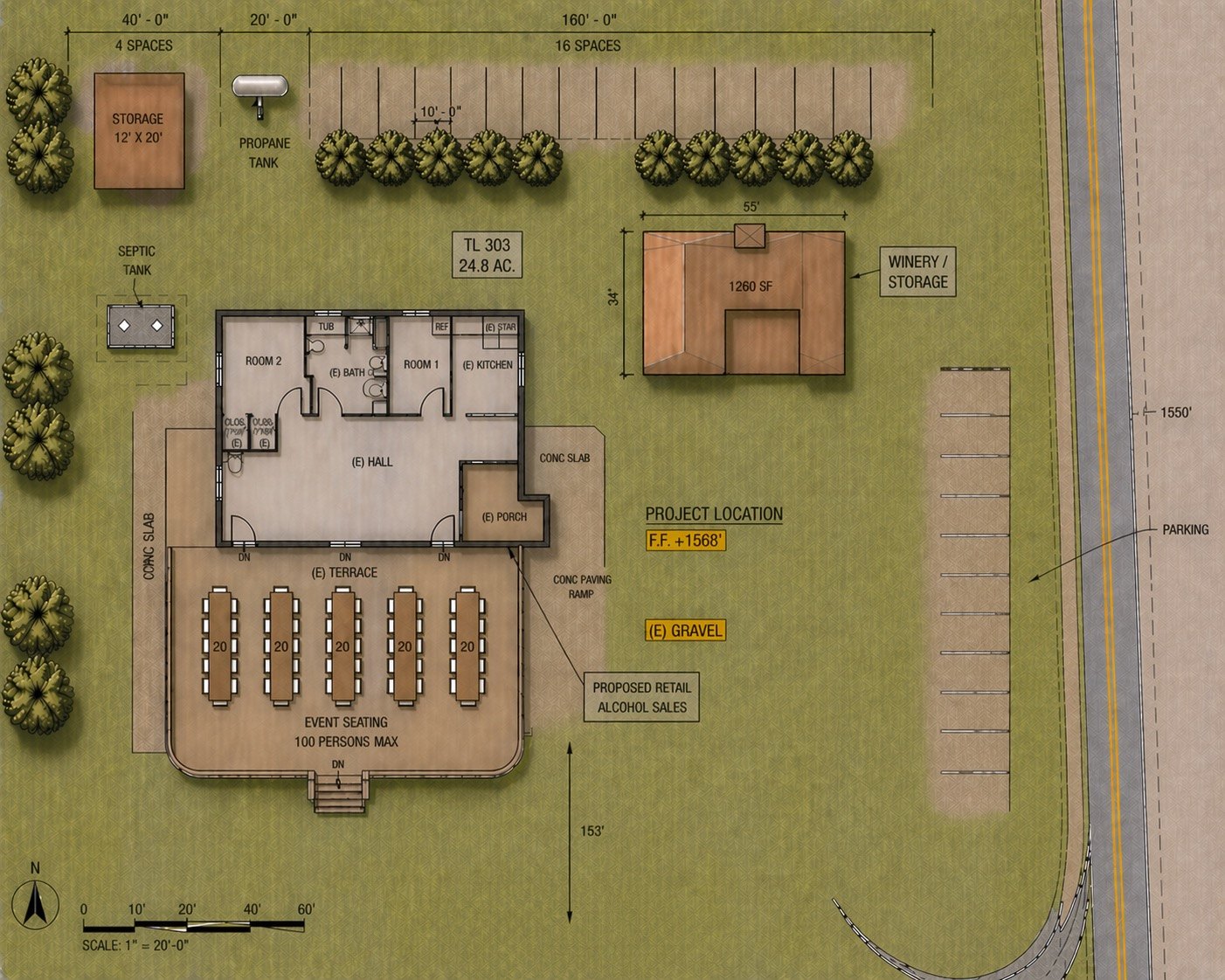 Aerial site plan showing event seating for 100 on the terrace, with parking
