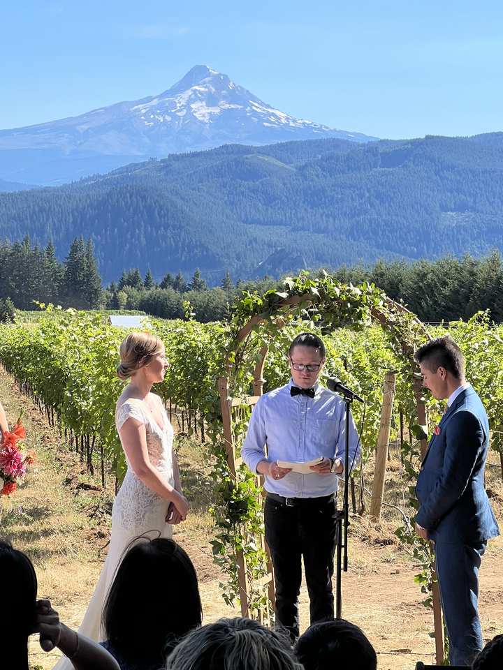 A vineyard ceremony with Mt. Hood behind