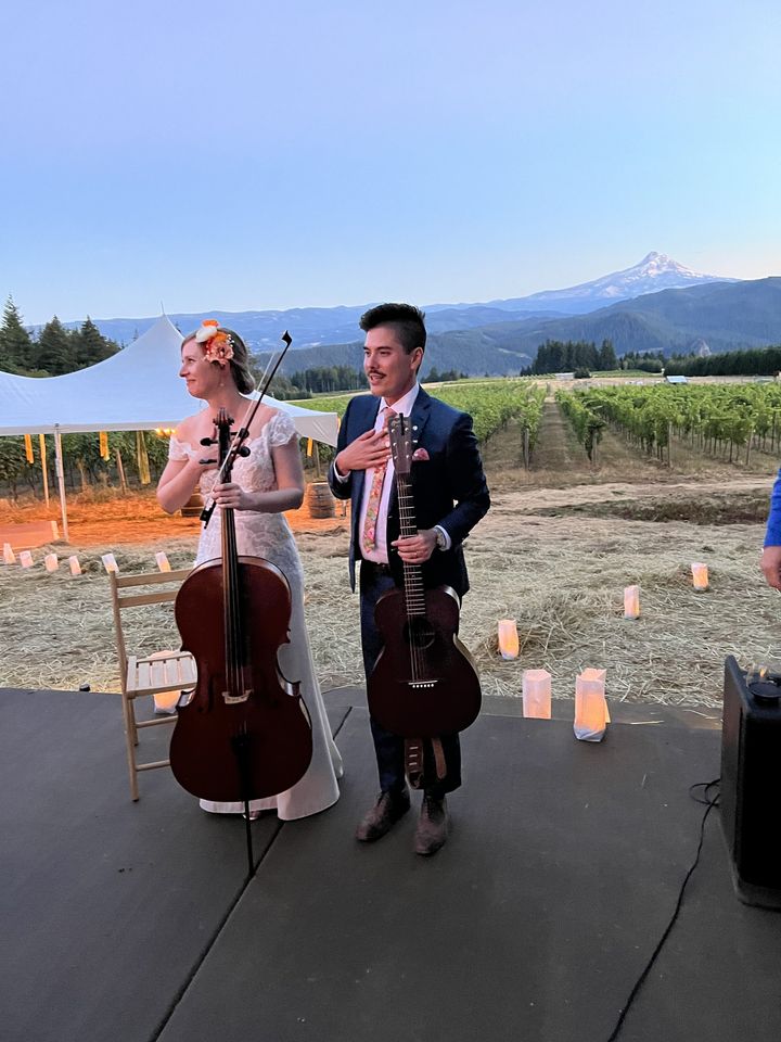 Musicians performing at an evening event